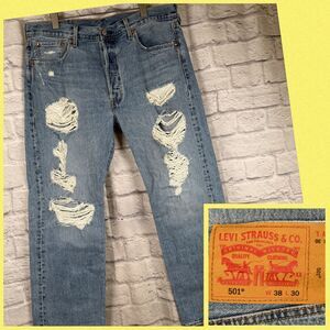 Levis 501 Straight Leg Button Fly Denim Jean Pants 38x30 Distressed Made In USA